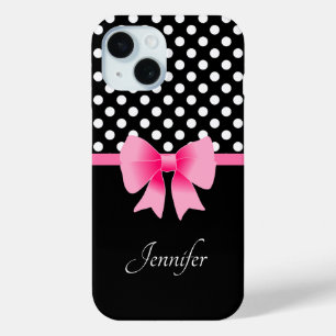 Coque Pour iPhone 15 Ruban rose Noir & Blanc Pois Nom