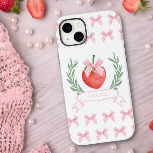 Coque Pour iPhone 14 Plus Rubans à carreaux roses fraise Preppy personnalisé