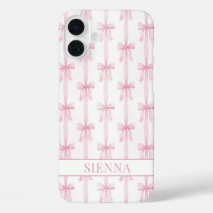 Coques iPhone 16 Plus Rubans Coquette Rose Monogrammés Rayés
