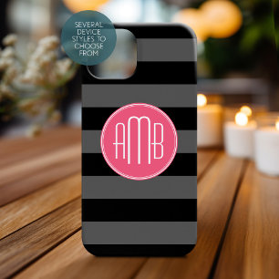 Coques Pour iPhone Rugby noir et gris avec Monogramme rose chaud