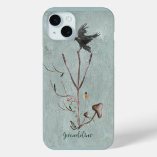 Coque iPhone 15 Mini Rune Algiz avec branches et corbeau