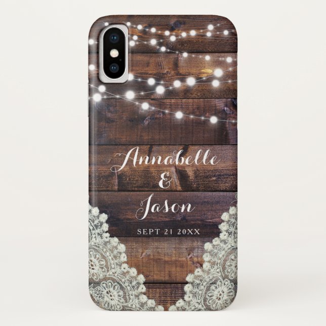 Coques Case-Mate iPhone Rustic Barn String Lights Wood Lace Mariage Téléph (Dos)