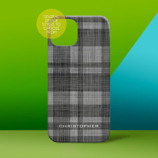 Coques iPhone 16 Pro Rustique moderne Lin Plaid Nom du Motif Black Grey