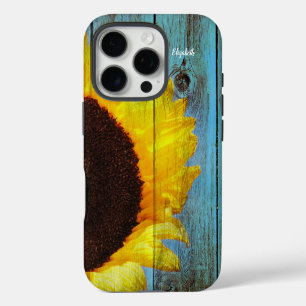 Coques iPhone 16 Pro Rustique Tournesol Turquoise bois personnalisé