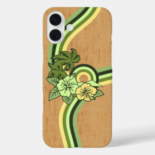 Coques iPhone 16 Plus Safari de surf Faux Wood Hawaiian Surfboard Green