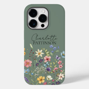 Coque Pour iPhone 14 Pro Sage Green Fleur sauvage Nom personnalisé Monogram