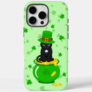 Coques iPhone 16 Pro Max Saint Patrick's Day Shamrock Pot of Gold Black Cat