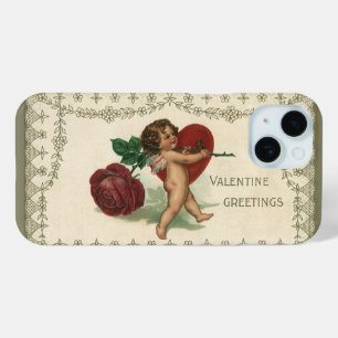 Coque Pour iPhone 15 Saint Valentin victorien vintage, chérubin, rose e