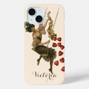 Coque Pour iPhone 15 Saint-Valentin vintage, Dame victorienne sur une b