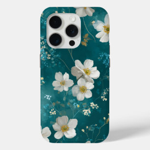 Coque iPhone 15 Pro Sarcelle aux douces fleurs blanches
