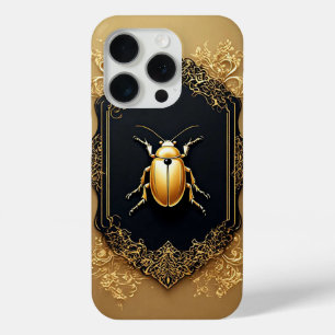 Coque iPhone 15 Pro Scarabée Orné Doré sur Fond Décoratif