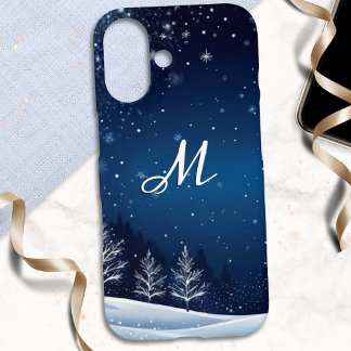 Coques iPhone 16 Scène de neige de nuit d'hiver Monogramme bleu