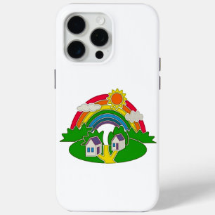 Coque iPhone 15 Pro Max Scène rurale avec arc-en-ciel et maison de campagn