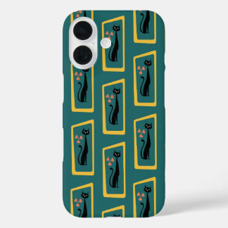 Coques iPhone 16 Schrödinger's Cat Mid Century bleu foncé moderne