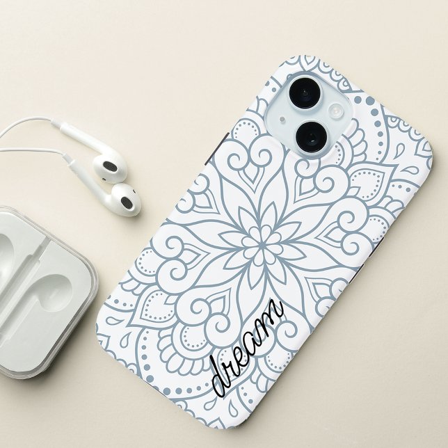 Coques Case-Mate iPhone Script bleu Mandala Dusty moderne (Modern Mandala Dusty Blue Script Case-Mate iPhone Case)