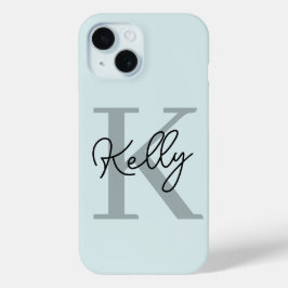 Coque Pour iPhone 15 Script de Monogramme bleu aquatique moderne