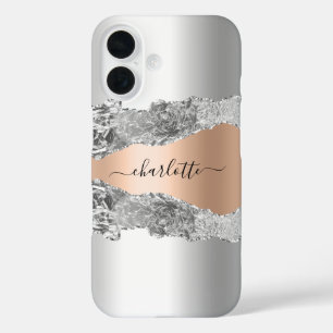 Coques iPhone 16 Script de nom de marbre d'agate d'or argenté