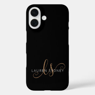 Coques iPhone 16 Script féminin Black Gold moderne Monogramme