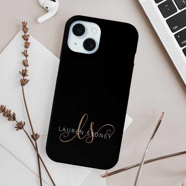 Coques Case-Mate iPhone Script féminin Black Gold moderne Monogramme (Créateur téléchargé)