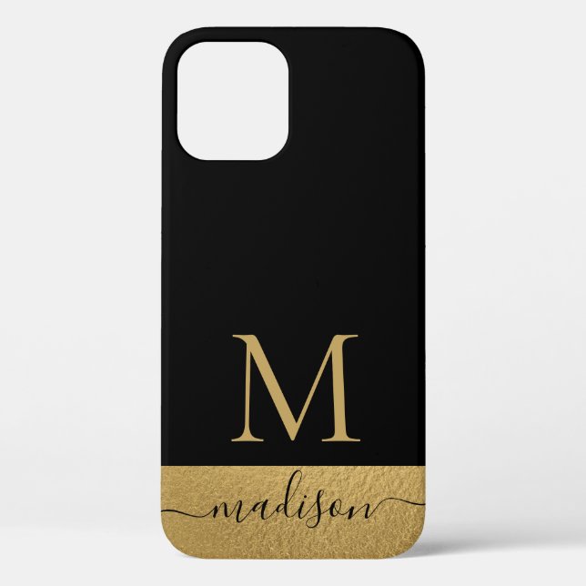 Coques Case-Mate iPhone Script féminin Black Gold moderne Monogramme (Verso)