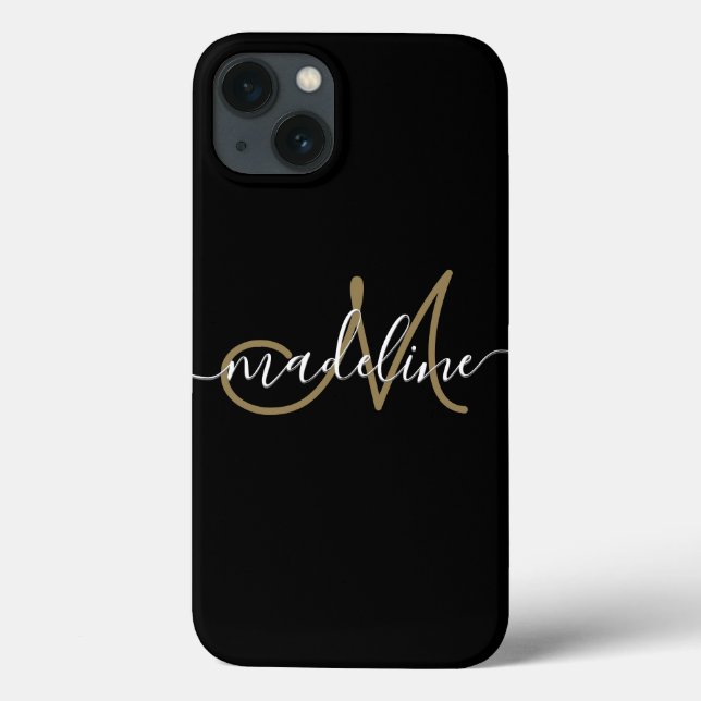Coques Case-Mate iPhone Script moderne Monogramme Or noir (Verso)