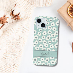 Coque Pour iPhone 15 Script Monogram Boho Vert Blanc Gris Floral