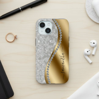 Coque Pour iPhone 15 Script personnalisé Diamond Bling Gold