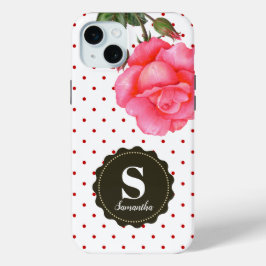 Coque iPhone 15 Mini Shabby Chic Rose Roses Rouge Blanc Pois