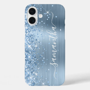 Coques iPhone 16 Plus Signature Féminin Pailleté Bleu Clair Glamour