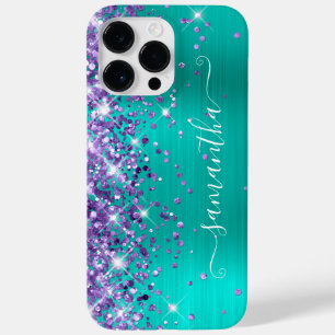 Coque Pour Pour iPhone 14 Pro Max Signature girly glam turquoise pailleté violet