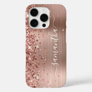 Coques iPhone 16 Pro Signature girly métallisé rose pailleté