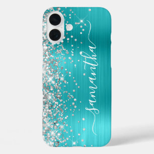 Coques iPhone 16 Plus Signature girly métallisée bleu aqua pailleté arge