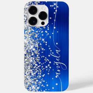 Coque Pour Pour iPhone 14 Pro Max Signature Glamour Bleu Royal et Paillettes Argenté