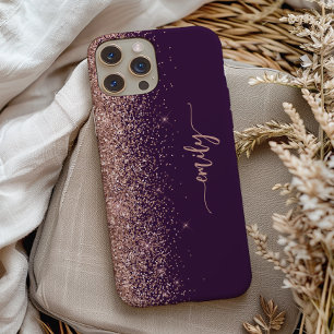 Coque Pour iPhone 15 Signature personnalisée rose gold pailletée violet