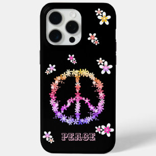 Coque iPhone 15 Pro Max Signe de paix avec des fleurs colorées, Cas Person