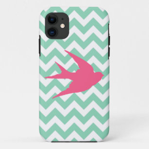 Coques Pour iPhone Silhouette rose d'oiseau sur des rayures de