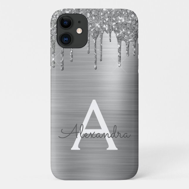 Coques Case-Mate iPhone Silver Glitter Brushed metal Monogram (Dos)