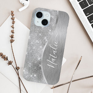 Coque Pour iPhone 15 Silver Glitter Glam Bling Personalized
