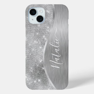 Coque iPhone 15 Mini Silver Glitter Glam Bling Personalized