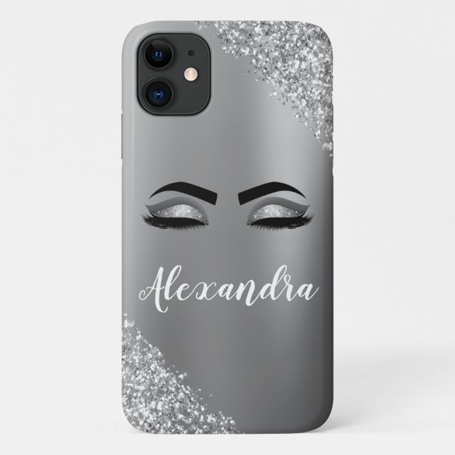 Coques Case-Mate iPhone Silver Glitter Sparkle Eyelashes Monogram (Dos)