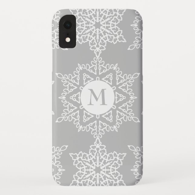Coques Case-Mate iPhone Silver Grey Snowflakes Noël de vacances Monogramme (Dos)