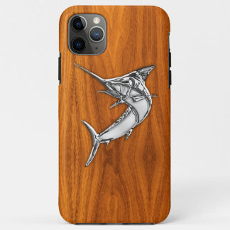 Coque iPhone 11 Pro Max Silver Marlin on Teak Wood Grain decor