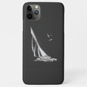 Coque iPhone 11 Pro Max Silver Sailboat on Carbon Fiber Decor