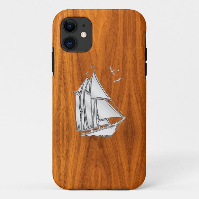 Coques Case-Mate iPhone Silver Sailboat on Teak Veneer Styles (Dos)