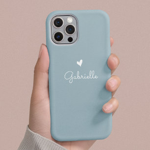Coques iPhone 16 Simple Dusty Blue Heart avec nom de script