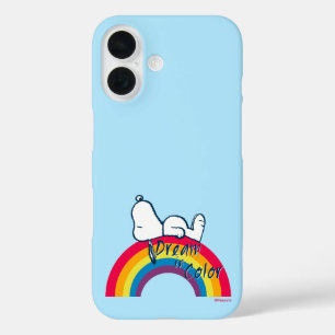 Coques iPhone 16 Snoopy Rêver en couleur arc-en-ciel
