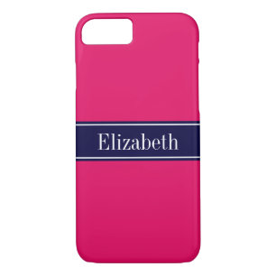 Coque iPhone 7 Solid Raspberry, Navy Blue Ribbon Nom monogram