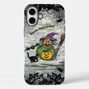 Coques iPhone 16 Plus Sorcière, Chat, Chauve-souris et Citrouille, Bonne