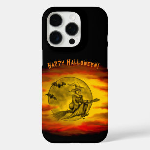 Coques iPhone 16 Pro Sorcière volante avec chat noir, nuit halloween