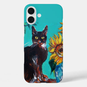 COQUES iPhone 16 PLUS SOUCHES AVEC CHAT NOIR EN TURQUOISE BLEUE